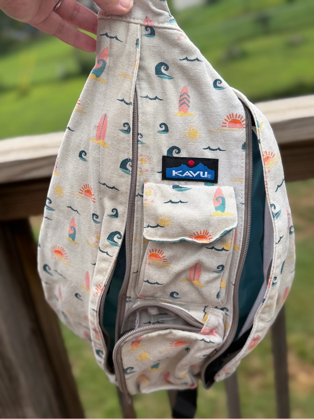 Kavu Cream Sling Bag with Teal, Coral & Yellow Beach Print